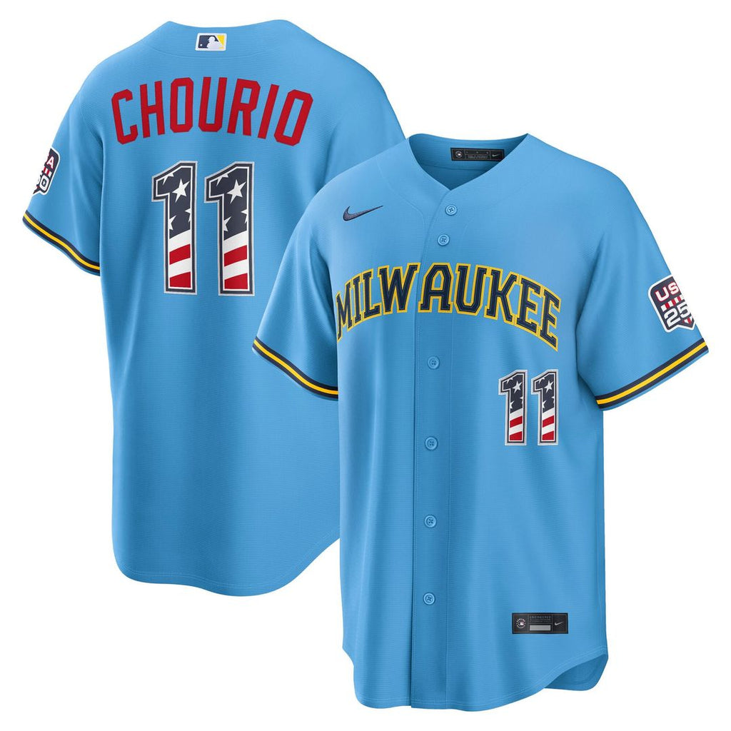 Milwaukee Brewers Jackson Chourio Nike USA 250 Fourth of July Road Stadium Jersey - Light Blue